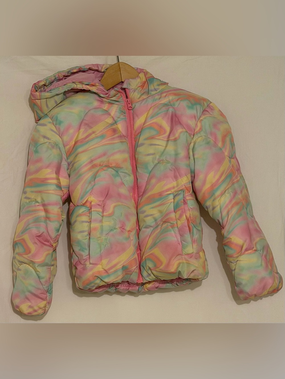 Girl’s Pastel Marble Swirl Hooded Puffer Jacket Y2K Tie Dye Quilted Winter Coat